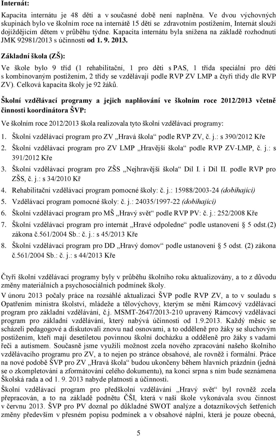 Kapacita internátu byla snížena na základě rozhodnutí JMK 92981/2013 s účinností od 1. 9. 2013.