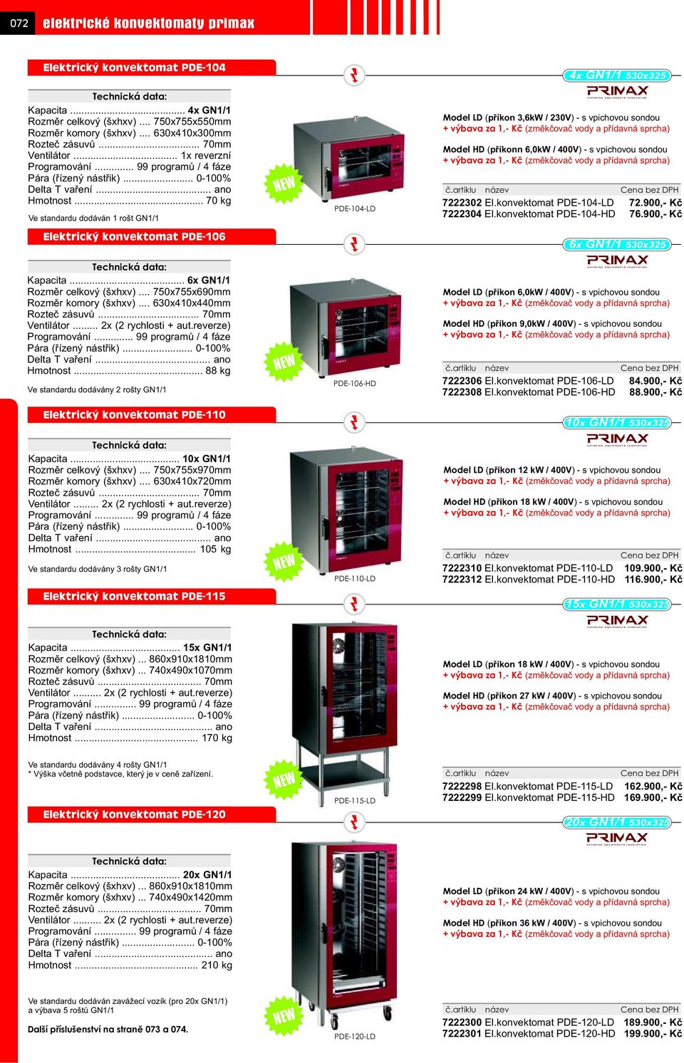 .. 70 kg Ve standardu dodáván 1 rošt GN1/1 PDE-104-LD catering equipments innovation Model LD (pøíkon 3,6kW / 230V) - s vpichovou sondou + výbava za 1,- Kè (zmìkèovaè vody a pøídavná sprcha) Model HD