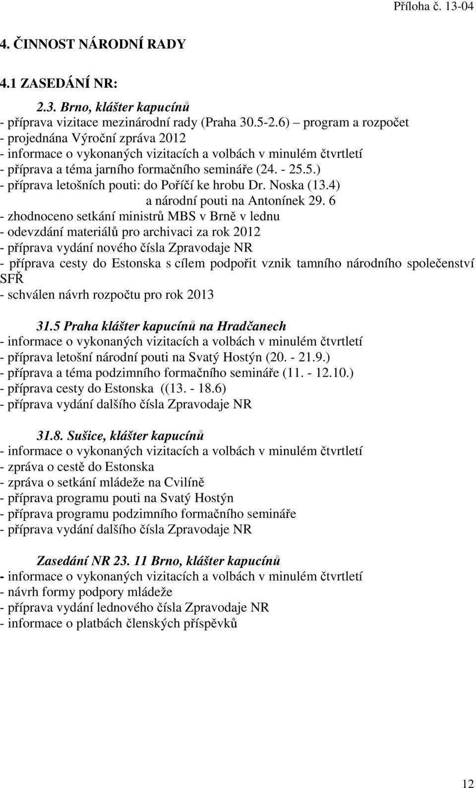 5.) - příprava letošních pouti: do Poříčí ke hrobu Dr. Noska (13.4) a národní pouti na Antonínek 29.