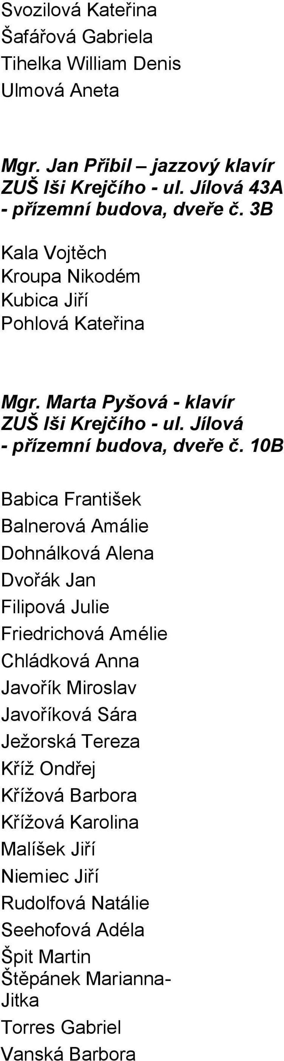 10B Babica František Balnerová Amálie Dohnálková Alena Dvořák Jan Filipová Julie Friedrichová Amélie Chládková Anna Javořík Miroslav Javoříková Sára