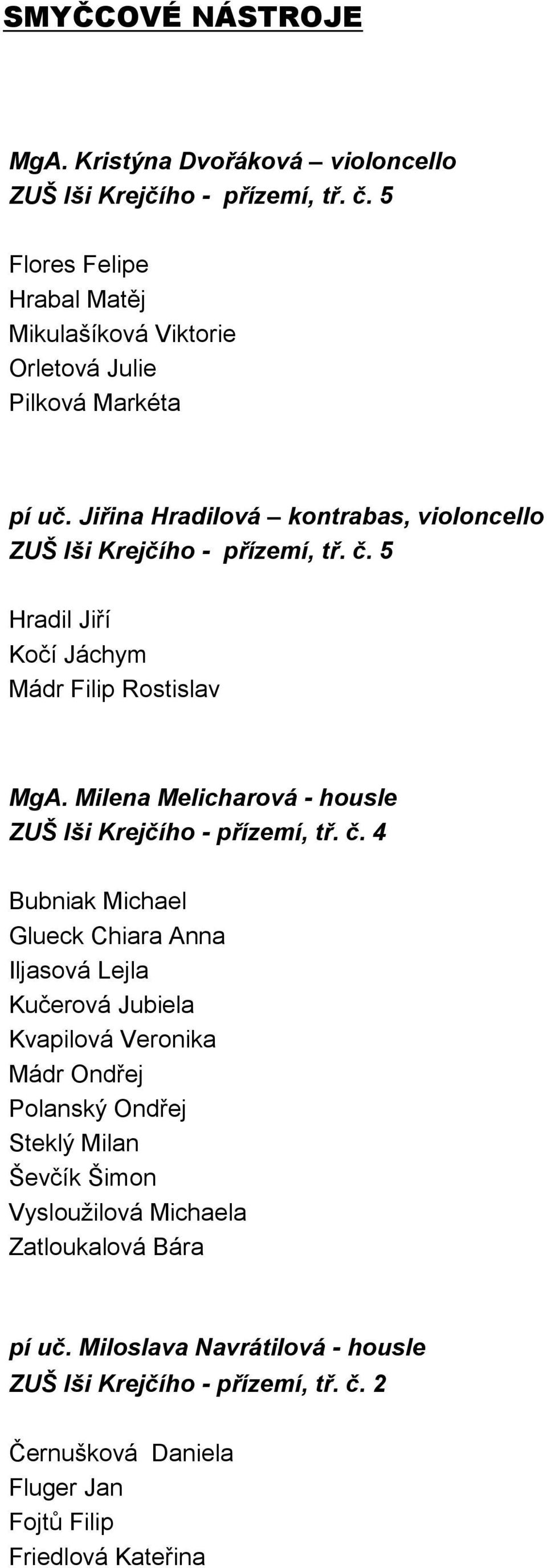 5 Hradil Jiří Kočí Jáchym Mádr Filip Rostislav MgA. Milena Melicharová - housle ZUŠ Iši Krejčího - přízemí, tř. č.