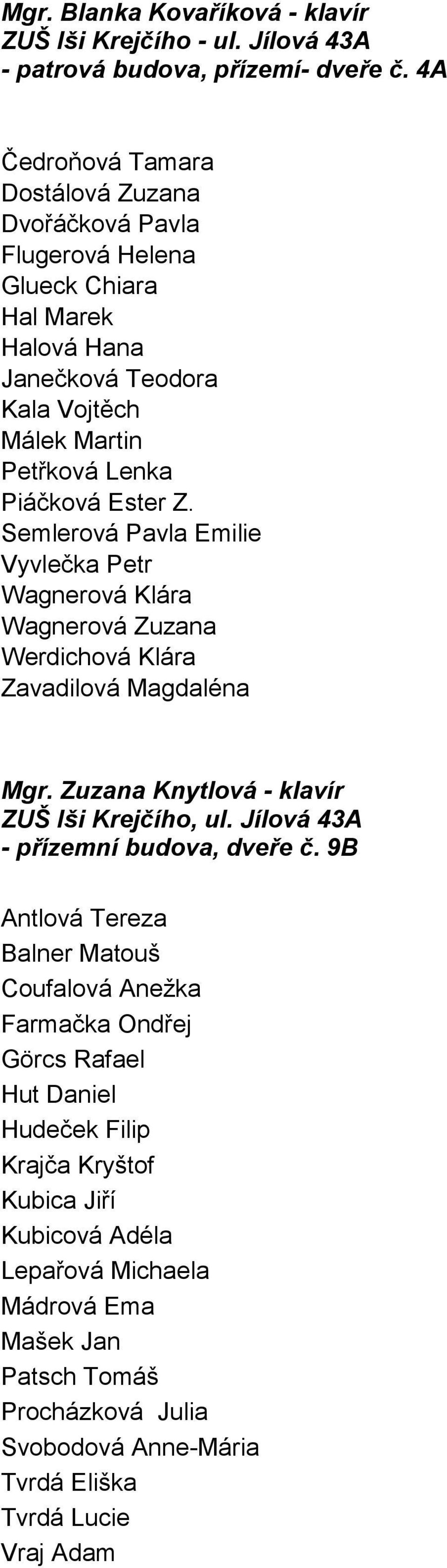 Z. Semlerová Pavla Emilie Vyvlečka Petr Wagnerová Klára Wagnerová Zuzana Werdichová Klára Zavadilová Magdaléna Mgr. Zuzana Knytlová - klavír ZUŠ Iši Krejčího, ul.