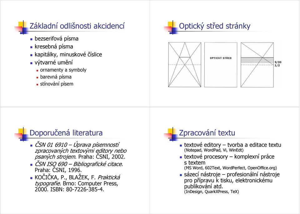 KOČIČKA, P., BLAŽEK, F. Praktická typografie. Brno: Computer Press, 2000. ISBN: 80-7226-385-4.