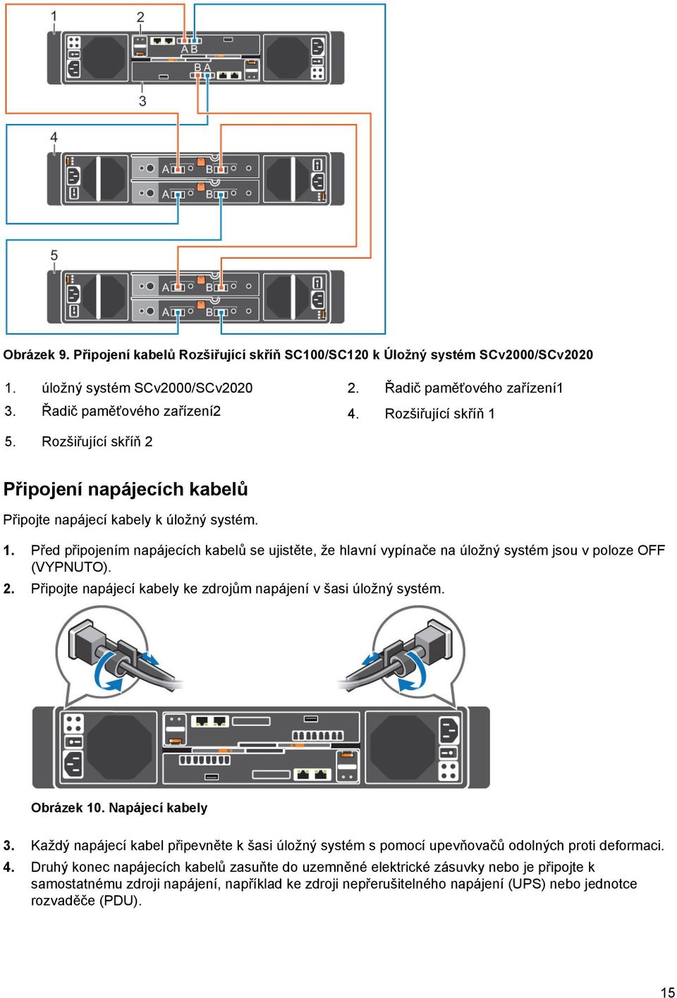 2. Připojte napájecí kabely ke zdrojům napájení v šasi úložný systém. Obrázek 10. Napájecí kabely 3. Každý napájecí kabel připevněte k šasi úložný systém s pomocí upevňovačů odolných proti deformaci.