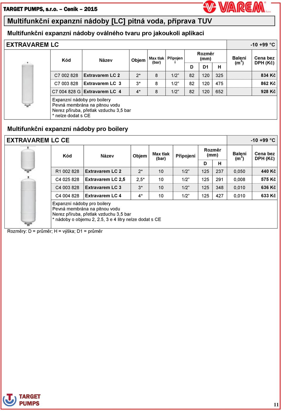 636 Kč C4 004 828 Extravarem LC 4 4* 10 1/2 125 427 0,010 633 Kč Expanzní nádoby pro boilery Pevná membrána na pitnou vodu Nerez příruba, přetlak vzduchu 3,5 bar * nádoby o objemu 2, 2.