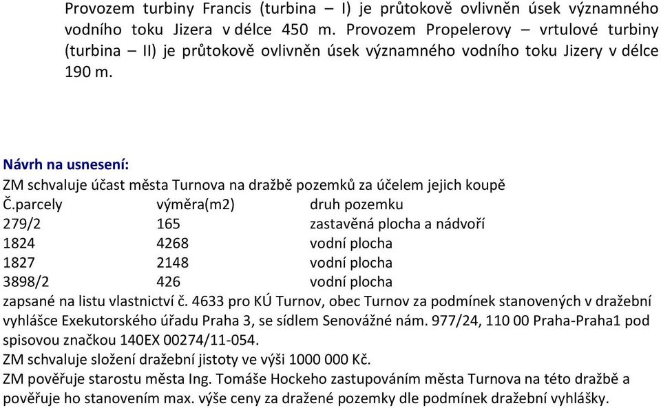 Návrh na usnesení: ZM schvaluje účast města Turnova na dražbě pozemků za účelem jejich koupě Č.