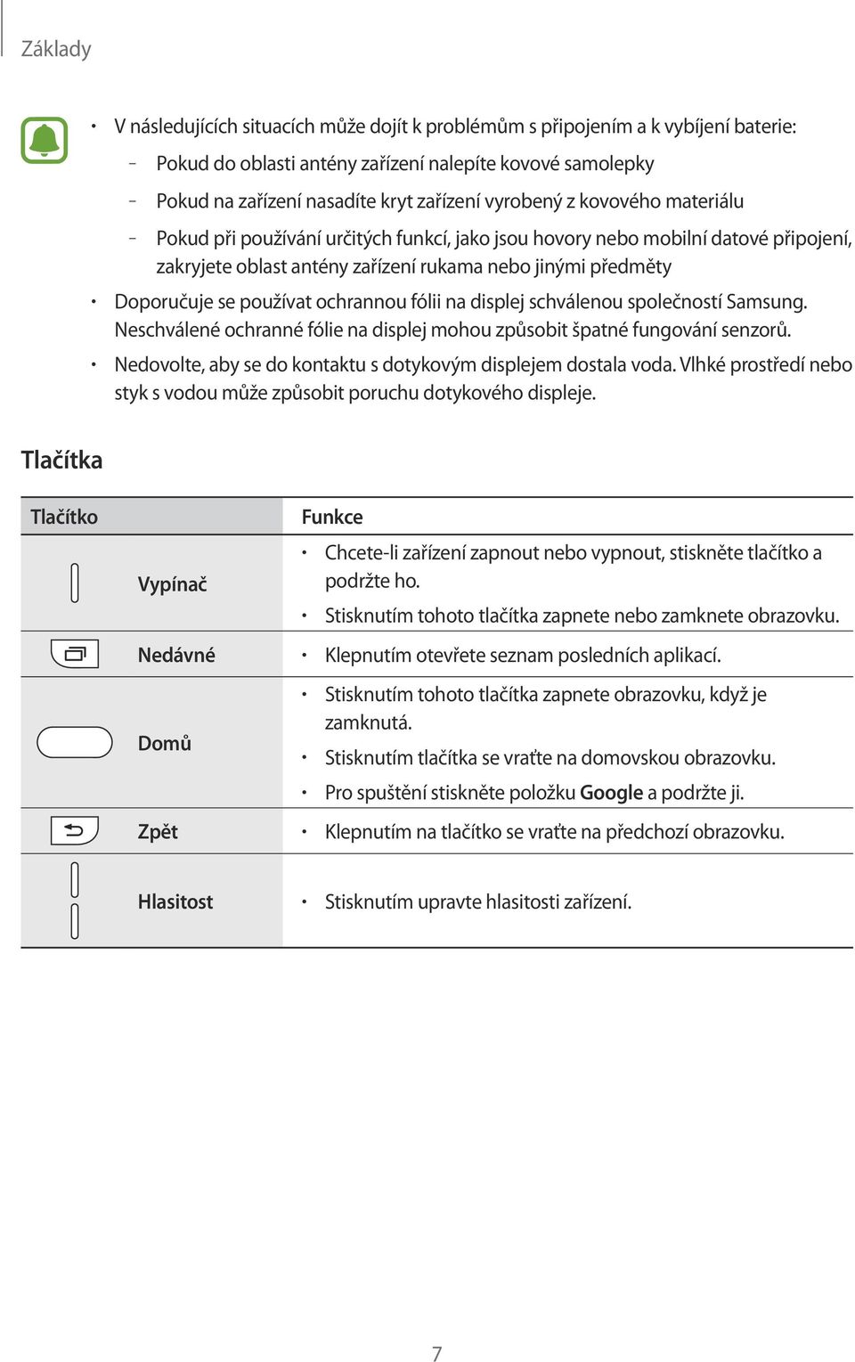 ochrannou fólii na displej schválenou společností Samsung. Neschválené ochranné fólie na displej mohou způsobit špatné fungování senzorů.