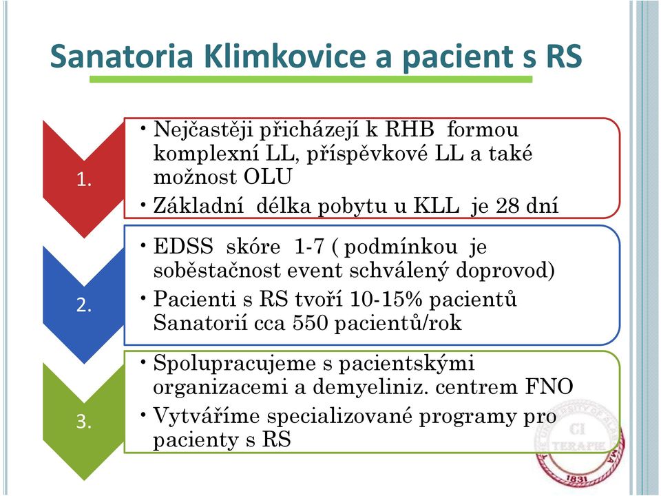 u KLL je 28 dní EDSS skóre 1-7 ( podmínkou je soběstačnost event schválený doprovod) Pacienti s RS tvoří