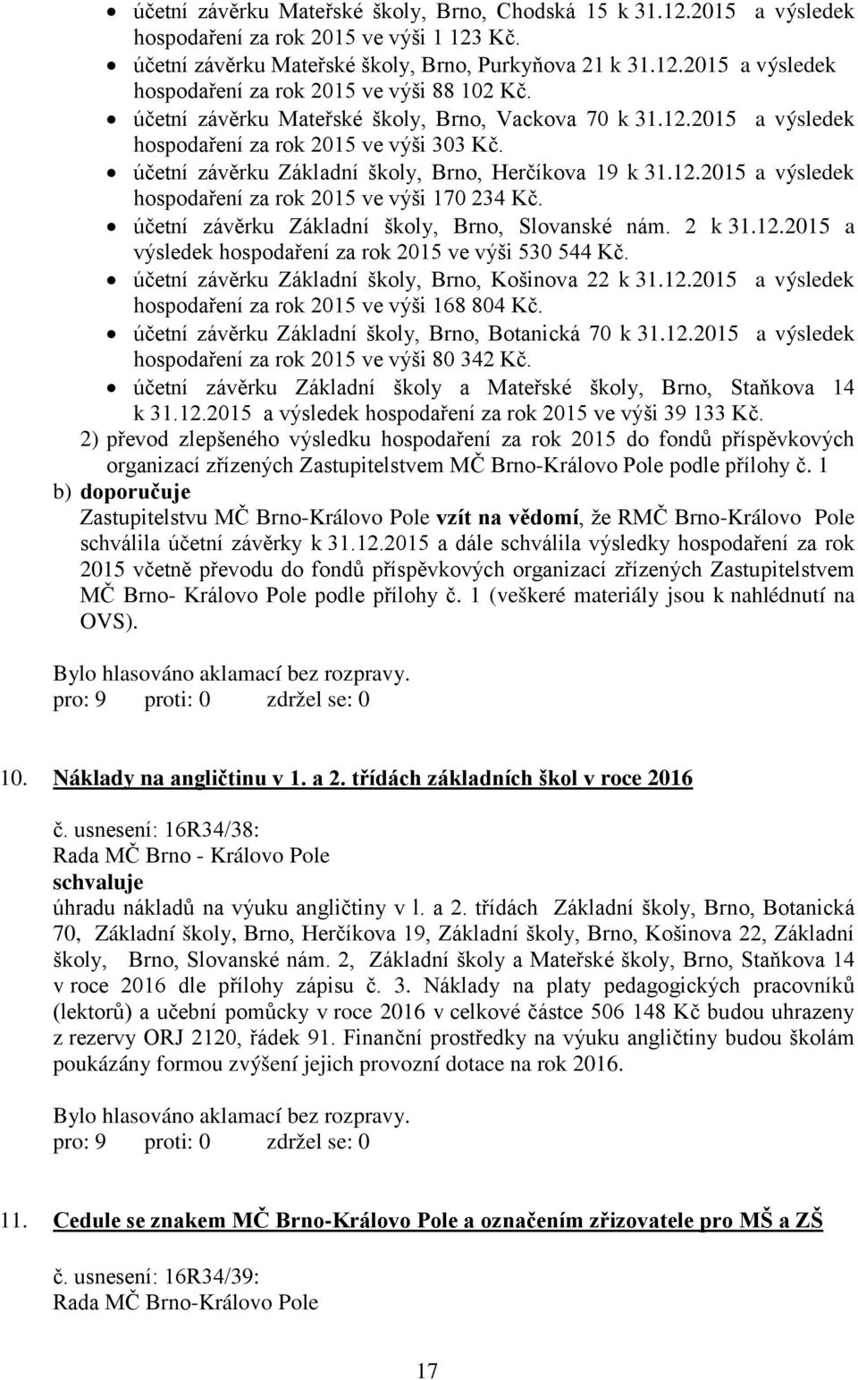 účetní závěrku Základní školy, Brno, Slovanské nám. 2 k 31.12.2015 a výsledek hospodaření za rok 2015 ve výši 530 544 Kč. účetní závěrku Základní školy, Brno, Košinova 22 k 31.12.2015 a výsledek hospodaření za rok 2015 ve výši 168 804 Kč.