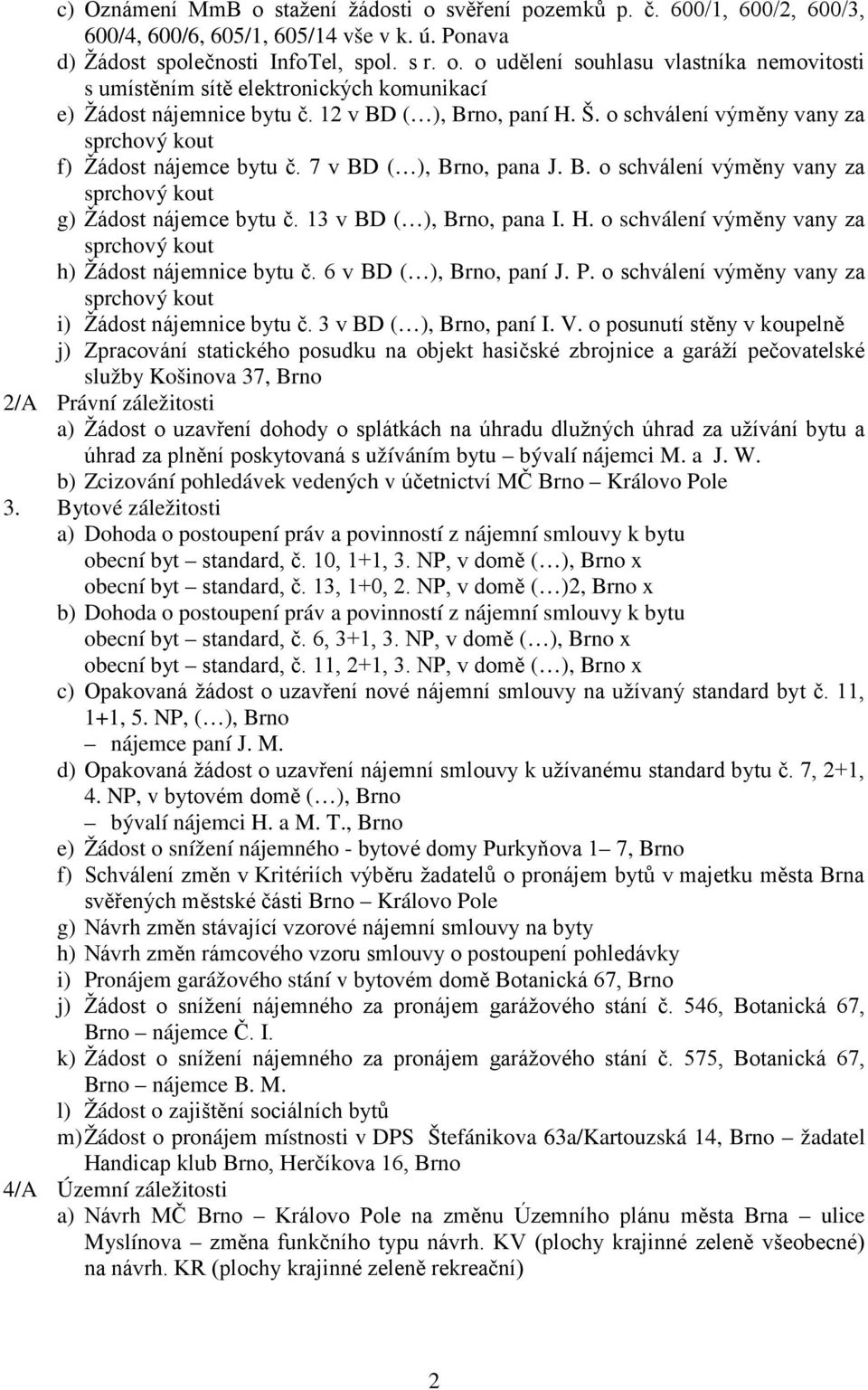 13 v BD ( ), Brno, pana I. H. o schválení výměny vany za sprchový kout h) Žádost nájemnice bytu č. 6 v BD ( ), Brno, paní J. P. o schválení výměny vany za sprchový kout i) Žádost nájemnice bytu č.