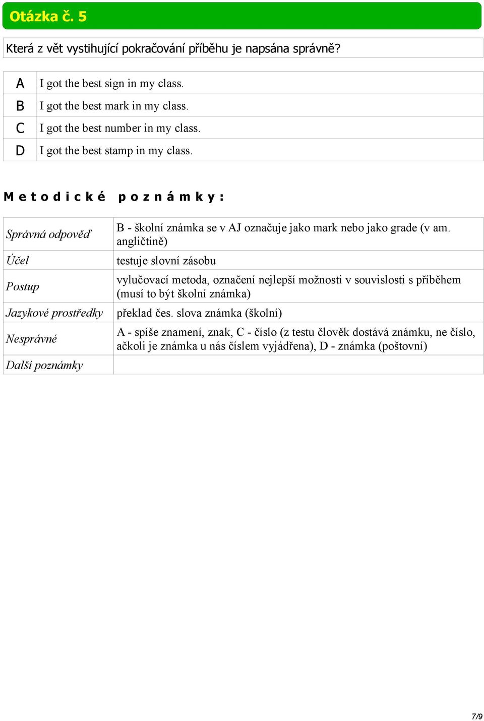 angličtině) testuje slovní zásobu vylučovací metoda, označení nejlepší možnosti v souvislosti s příběhem (musí to být školní známka) překlad čes.