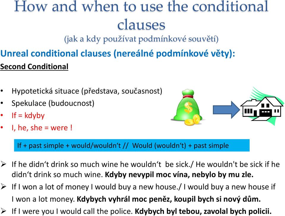 If + past simple + would/wouldn t // Would (wouldn t) + past simple If he didn t drink so much wine he wouldn t be sick./ He wouldn't be sick if he didn t drink so much wine.