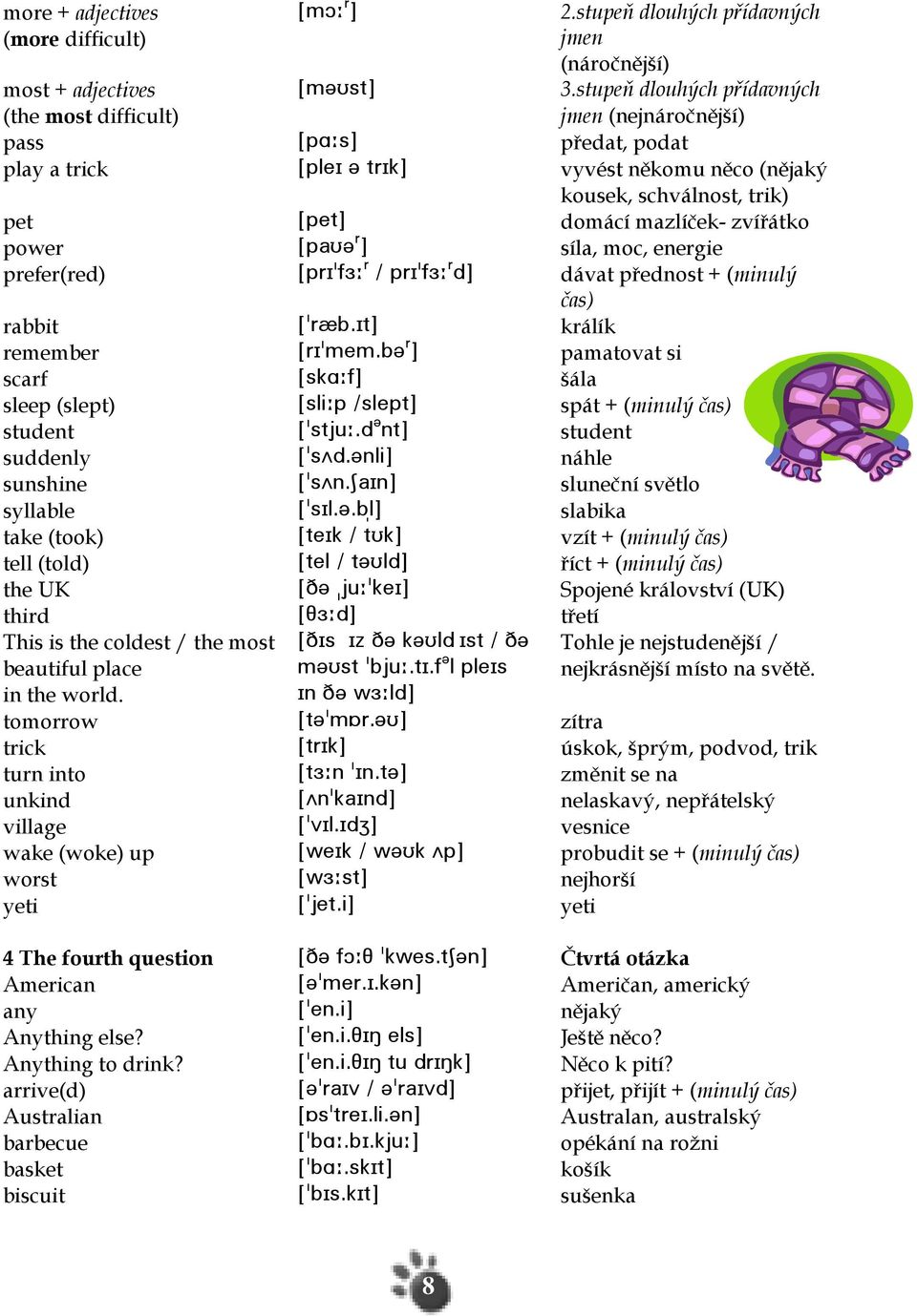 q \ síla, moc, energie prefer(red) ZoqH!e29 q.oqh!e29 q c\ dávat přednost + (minulý čas) rabbit Z!qza-Hs\ králík remember ZqH!ldl-a? q \ pamatovat si scarf Zrj@9e\ šála sleep (slept) Zrkh9o.