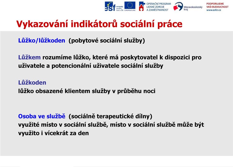 služby Lůžkoden lůžko obsazené klientem služby v průběhu noci Osoba ve službě (sociálně