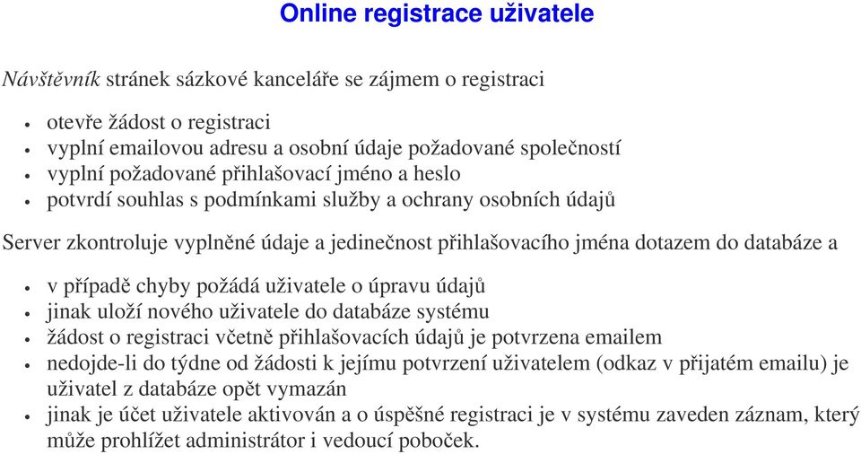 požádá uživatele o úpravu údajů jinak uloží nového uživatele do databáze systému žádost o registraci včetně přihlašovacích údajů je potvrzena emailem nedojde-li do týdne od žádosti k jejímu potvrzení