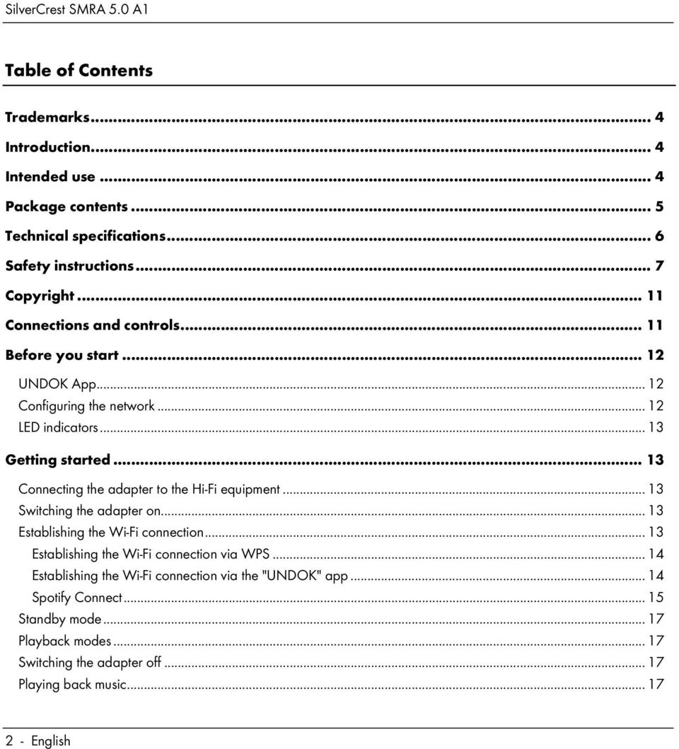 .. 13 Connecting the adapter to the Hi-Fi equipment... 13 Switching the adapter on... 13 Establishing the Wi-Fi connection.