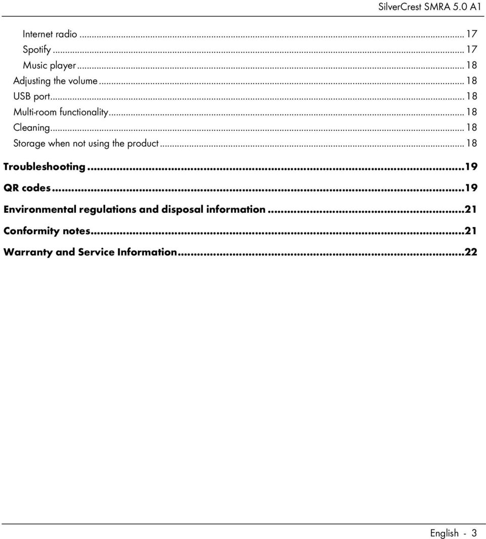 .. 18 Storage when not using the product... 18 Troubleshooting...19 QR codes.