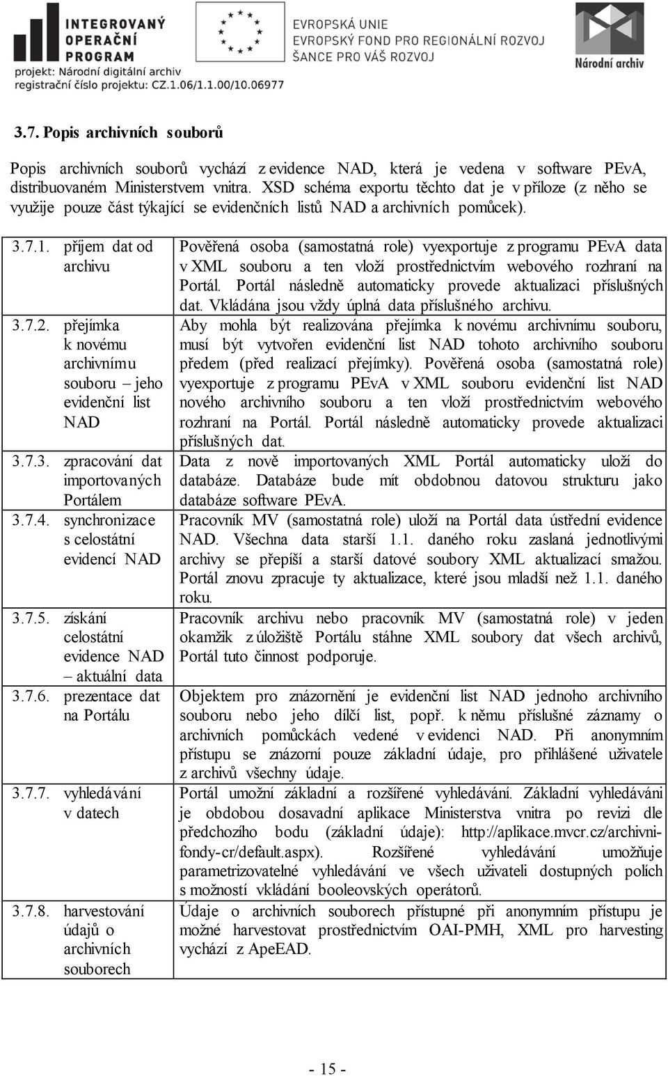 přejímka k novému archivnímu souboru jeho evidenční list NAD 3.7.3. zpracování dat importovaných Portálem 3.7.4. synchronizace s celostátní evidencí NAD 3.7.5.