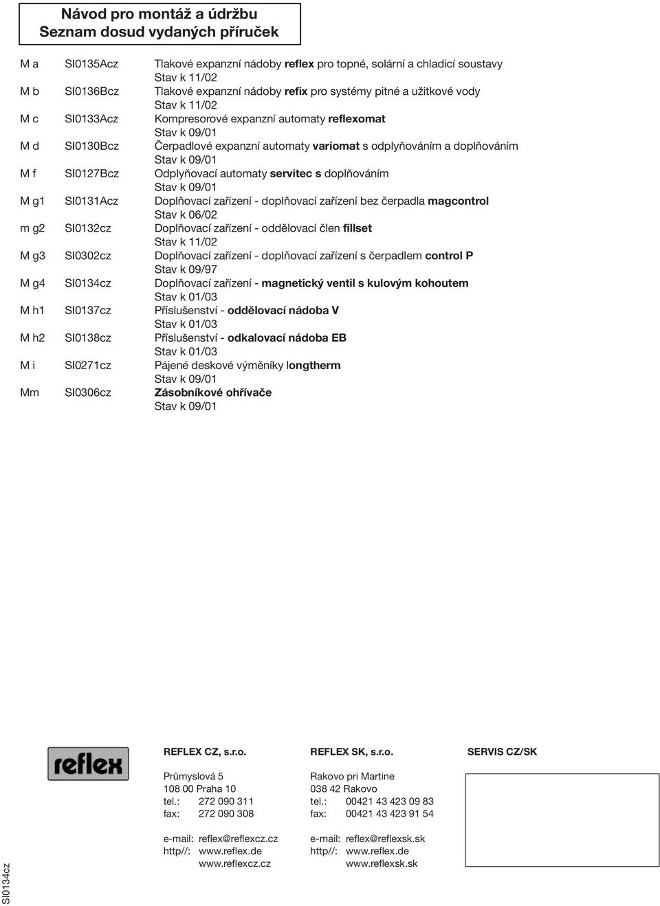 Odplyňovací automaty servitec s doplňováním M g1 SI0131Acz Doplňovací zařízení - doplňovací zařízení bez čerpadla magcontrol Stav k 06/02 m g2 SI0132cz Doplňovací zařízení - oddělovací člen fillset