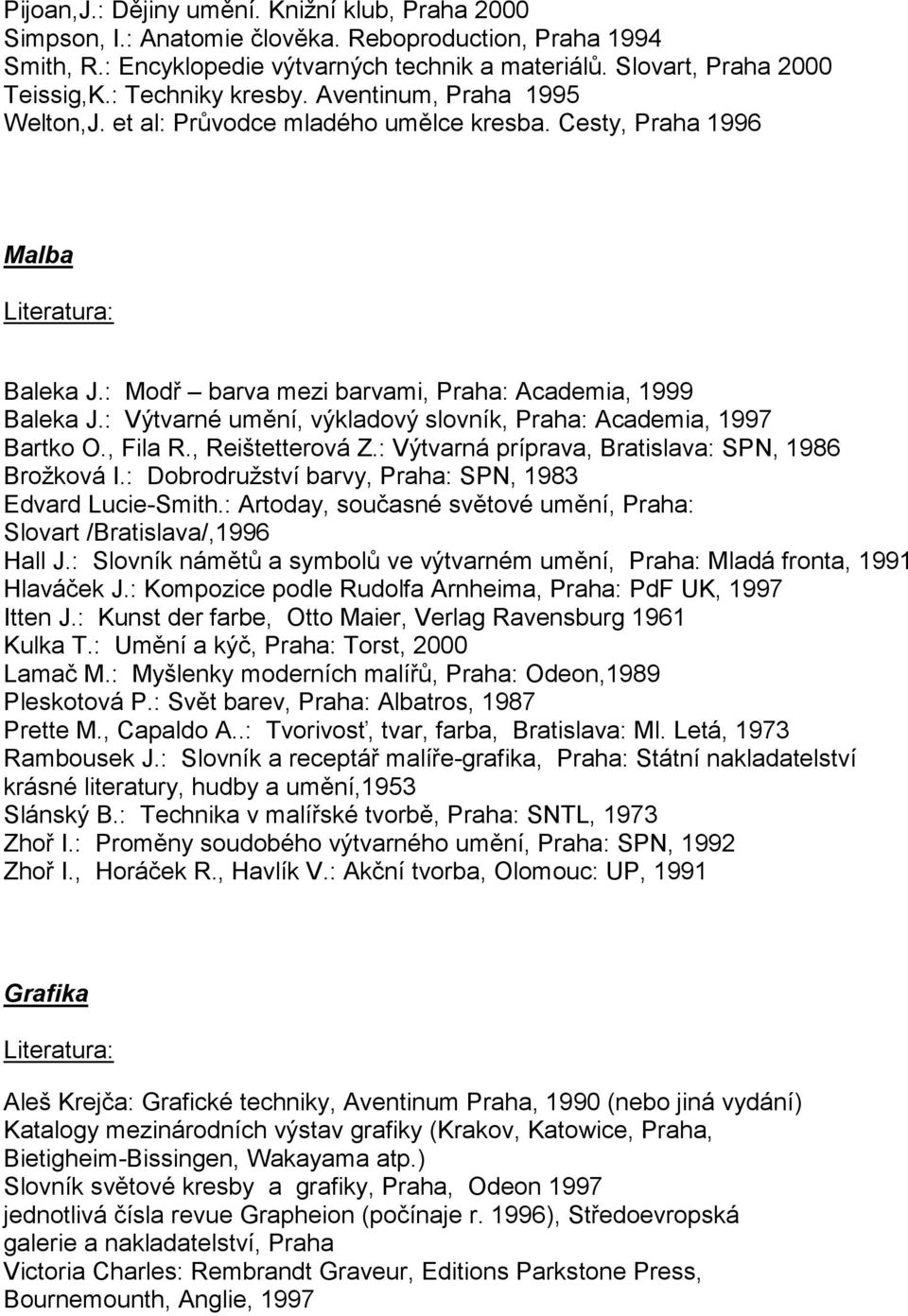 : Výtvarné umění, výkladový slovník, Praha: Academia, 1997 Bartko O., Fila R., Reištetterová Z.: Výtvarná príprava, Bratislava: SPN, 1986 Brožková I.