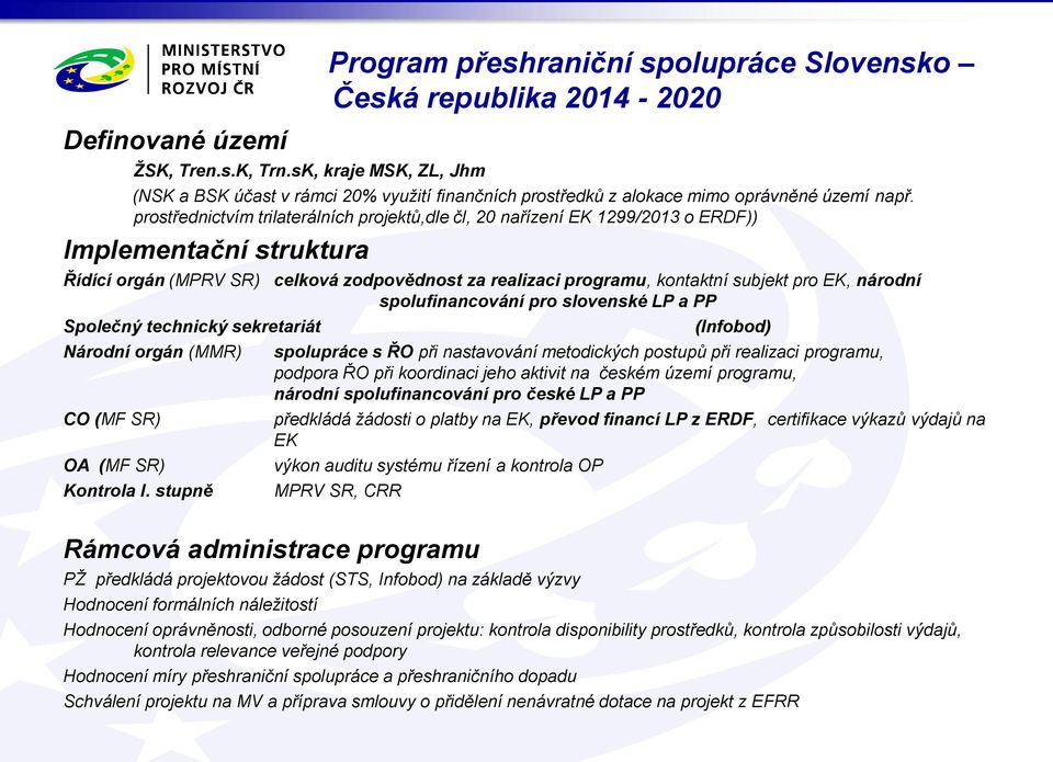 prostřednictvím trilaterálních projektů,dle čl, 20 nařízení EK 1299/2013 o ERDF)) Implementační struktura Řídící orgán (MPRV SR) celková zodpovědnost za realizaci programu, kontaktní subjekt pro EK,