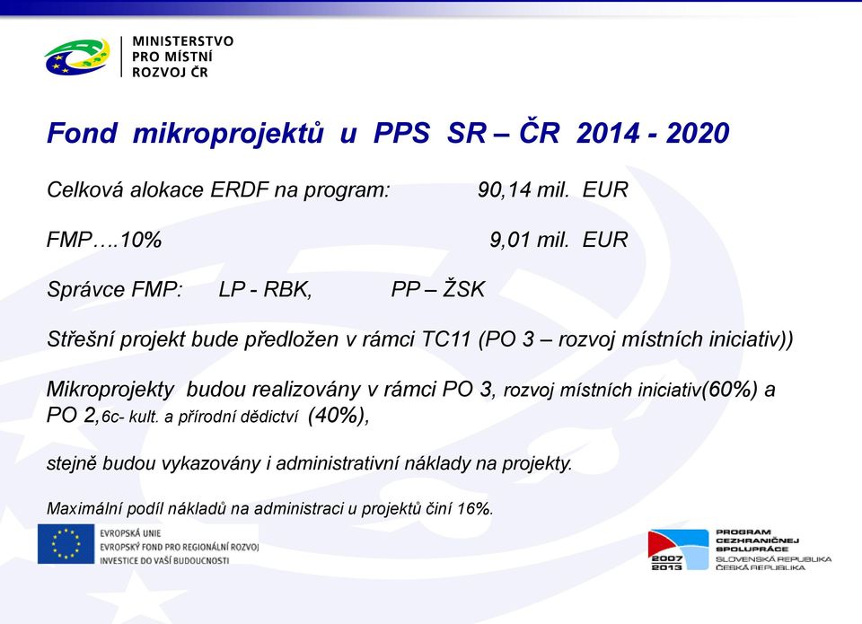 Mikroprojekty budou realizovány v rámci PO 3, rozvoj místních iniciativ(60%) a PO 2,6c- kult.