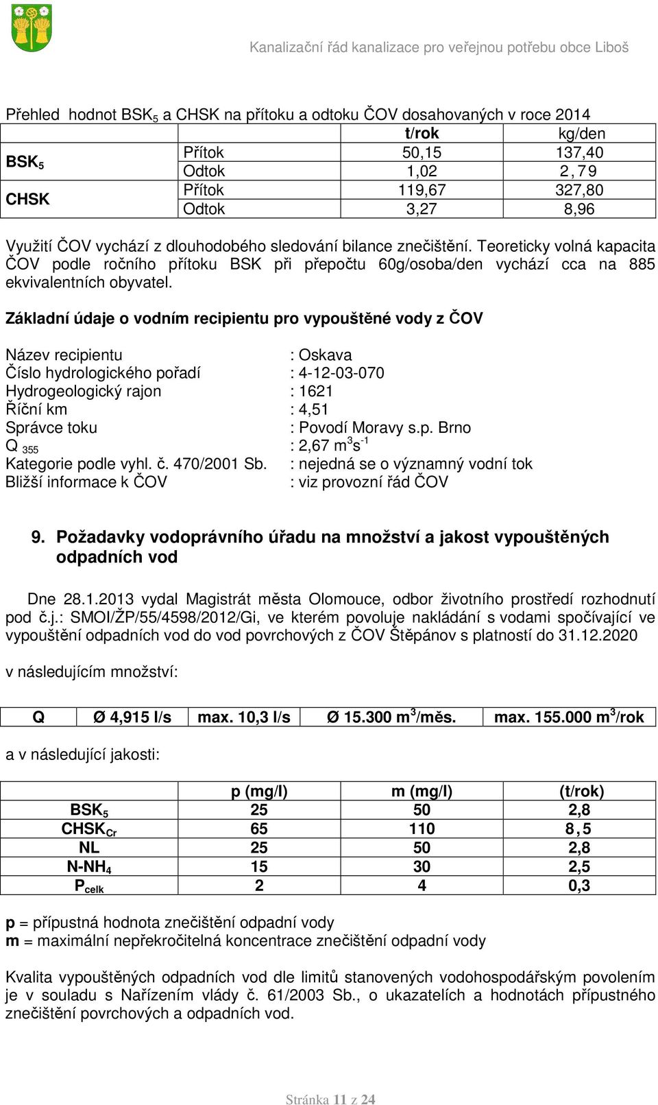 Základní údaje o vodním recipientu pro vypouštěné vody z ČOV Název recipientu : Oskava Číslo hydrologického pořadí : 4-12-03-070 Hydrogeologický rajon : 1621 Říční km : 4,51 Správce toku : Povodí