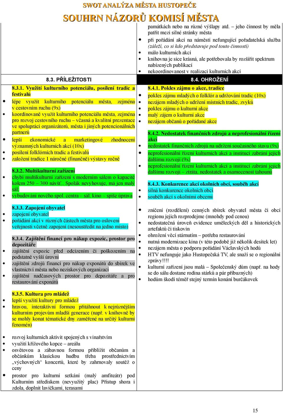 sice krásná, ale potřebovala by rozšířit spektrum nabízených publikací nekoordinovanost v realizaci kulturních akcí 8.3. PŘÍLEŽITOSTI 8.4. OHROŽENÍ 8.3.1.