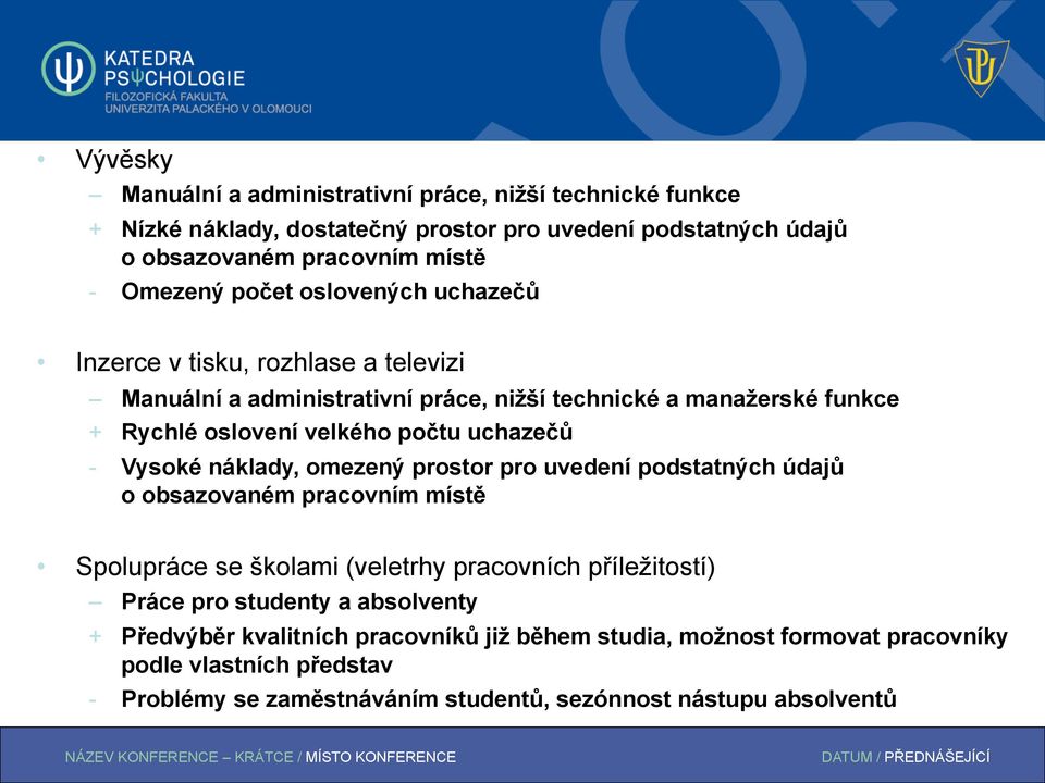 - Vysoké náklady, omezený prostor pro uvedení podstatných údajů o obsazovaném pracovním místě Spolupráce se školami (veletrhy pracovních příležitostí) Práce pro studenty a