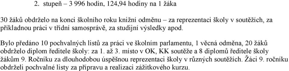 Bylo předáno 10 pochvalných listů za práci ve školním parlamentu, 1 věcná odměna, 20 žáků obdrželo diplom ředitele školy: za 1. až 3.