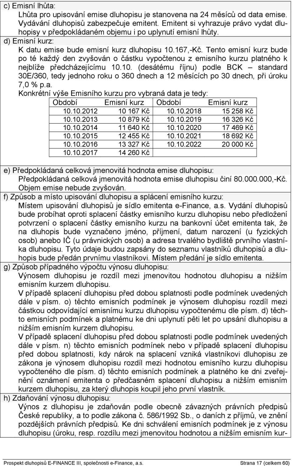 Tento emisní kurz bude po té každý den zvyšován o částku vypočtenou z emisního kurzu platného k nejblíže předcházejícímu 10.