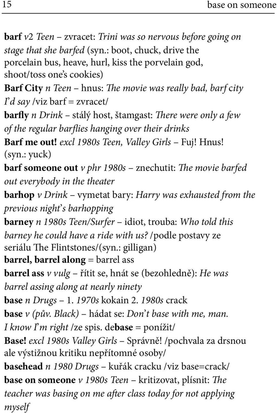 Drink stálý host, štamgast: There were only a few of the regular barflies hanging over their drinks Barf me out! excl 1980s Teen, Valley Girls Fuj! Hnus! (syn.