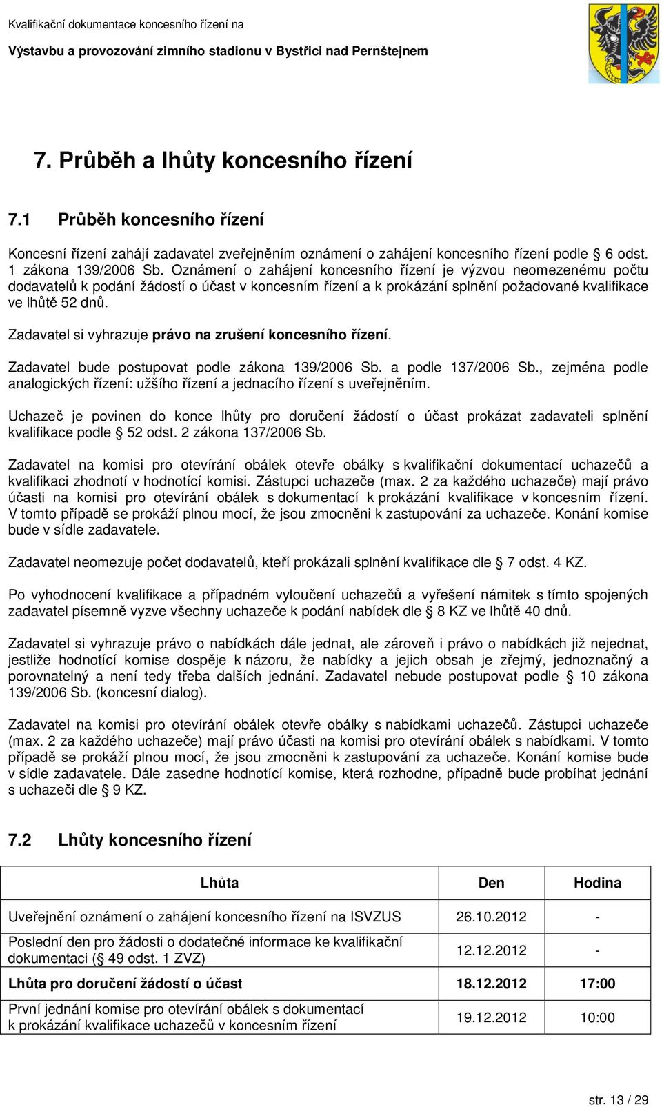 Zadavatel si vyhrazuje právo na zrušení koncesního řízení. Zadavatel bude postupovat podle zákona 139/2006 Sb. a podle 137/2006 Sb.