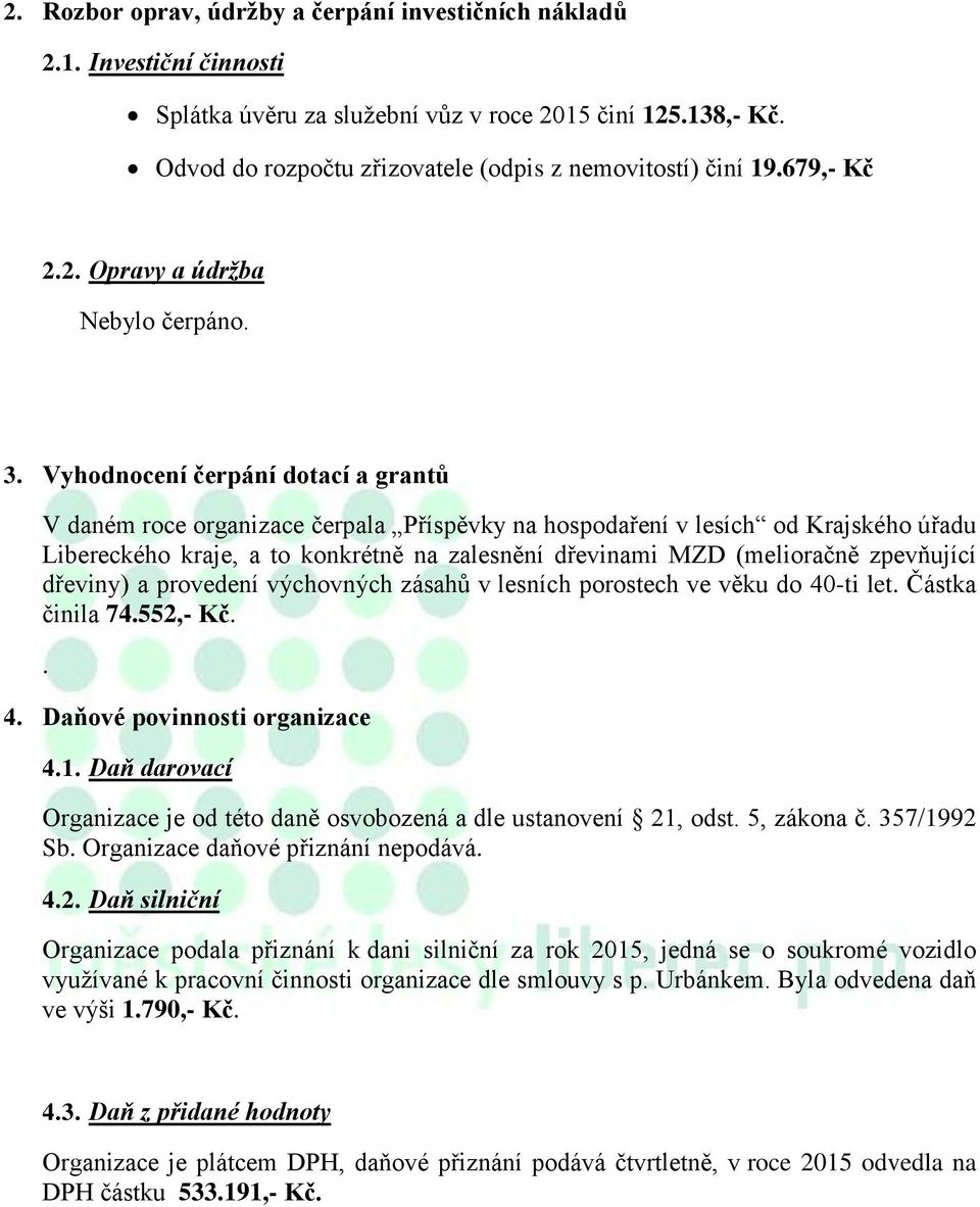 Vyhodnocení čerpání dotací a grantů V daném roce organizace čerpala Příspěvky na hospodaření v lesích od Krajského úřadu Libereckého kraje, a to konkrétně na zalesnění dřevinami MZD (melioračně