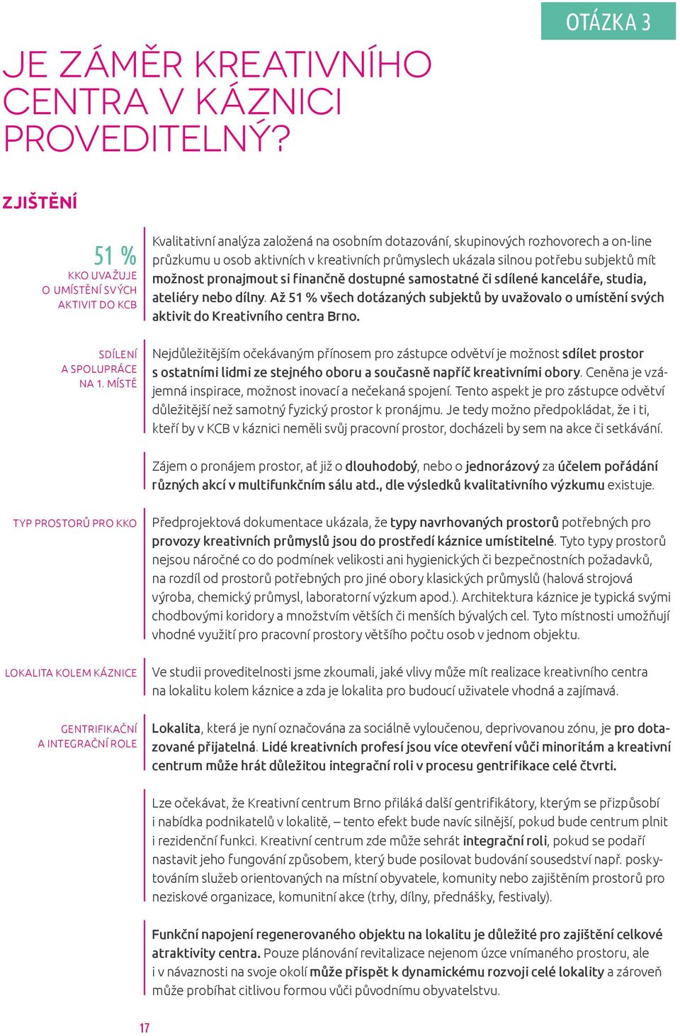 si finančně dostupné samostatné či sdílené kanceláře, studia, ateliéry nebo dílny. Až 51 % všech dotázaných subjektů by uvažovalo o umístění svých aktivit do Kreativního centra Brno.