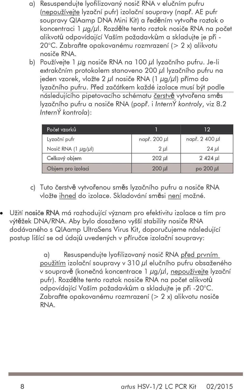 b) Používejte 1 µg nosiče RNA na 100 µl lyzačního pufru. Je-li extrakčním protokolem stanoveno 200 µl lyzačního pufru na jeden vzorek, vložte 2 µl nosiče RNA (1 µg/µl) přímo do lyzačního pufru.