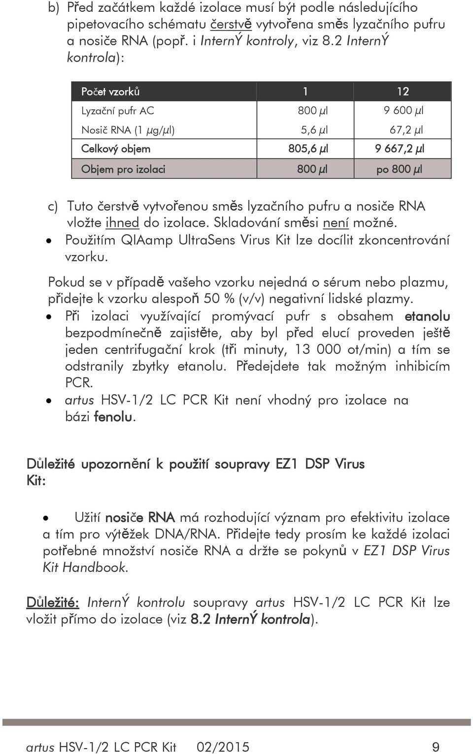 vytvořenou směs lyzačního pufru a nosiče RNA vložte ihned do izolace. Skladování směsi není možné. Použitím QIAamp UltraSens Virus Kit lze docílit zkoncentrování vzorku.