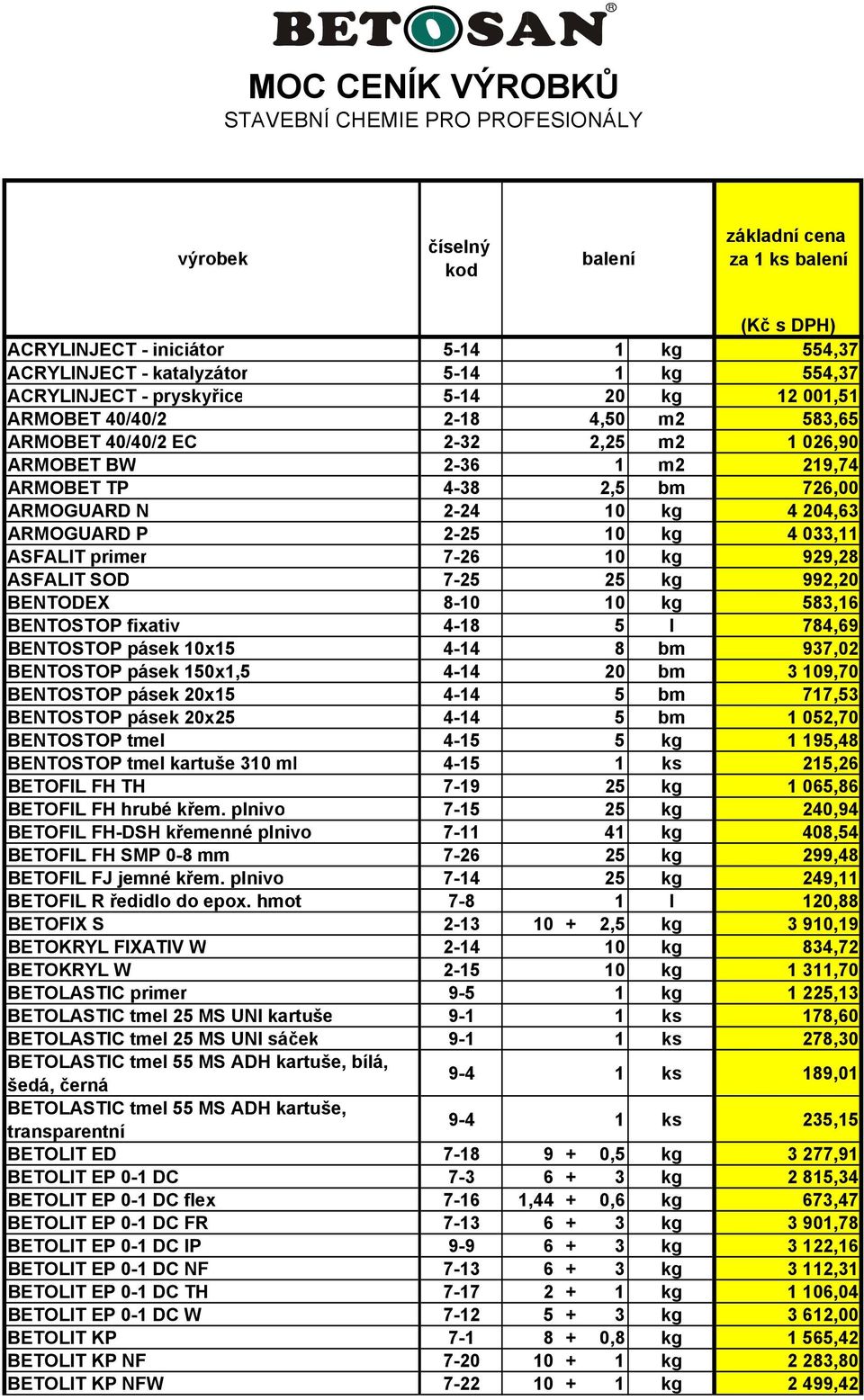 primer 7-26 10 kg 929,28 ASFALIT SOD 7-25 25 kg 992,20 BENTODEX 8-10 10 kg 583,16 BENTOSTOP fixativ 4-18 5 l 784,69 BENTOSTOP pásek 10x15 4-14 8 bm 937,02 BENTOSTOP pásek 150x1,5 4-14 20 bm 3 109,70