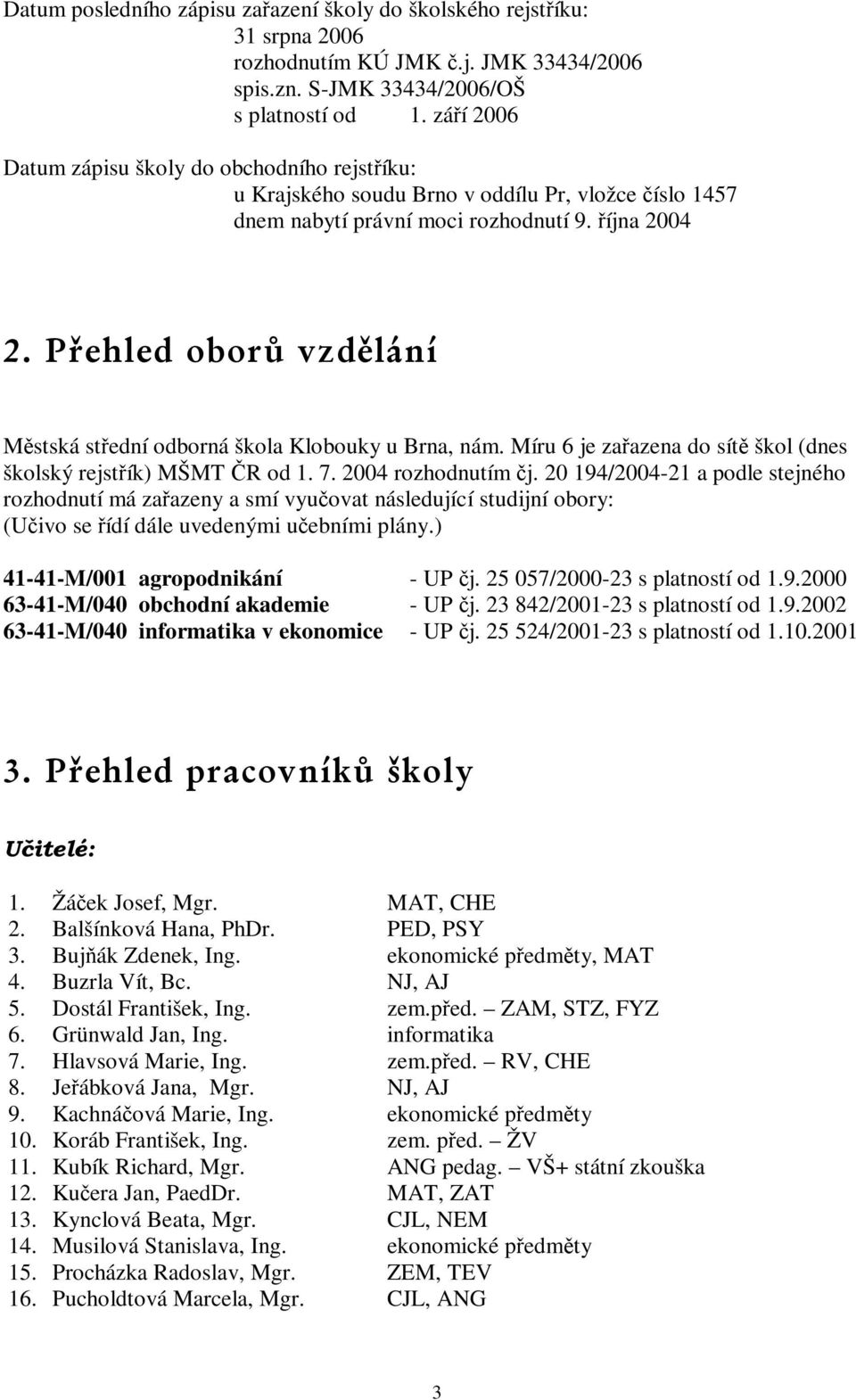 íjna 2004 $ 6 7 8 Mstská stední odborná škola Klobouky u Brna, nám. Míru 6 je zaazena do sít škol (dnes školský rejstík) MŠMT R od 1. 7. 2004 rozhodnutím j.