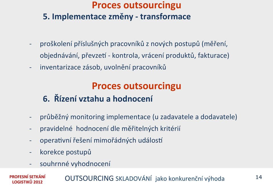 vrácení produktů, fakturace) inventarizace zásob, uvolnění pracovníků Proces outsourcingu 6.