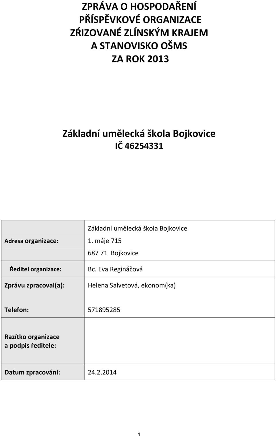 zpracoval(a): Základní umělecká škola Bojkovice 1. máje 715 687 71 Bojkovice Bc.