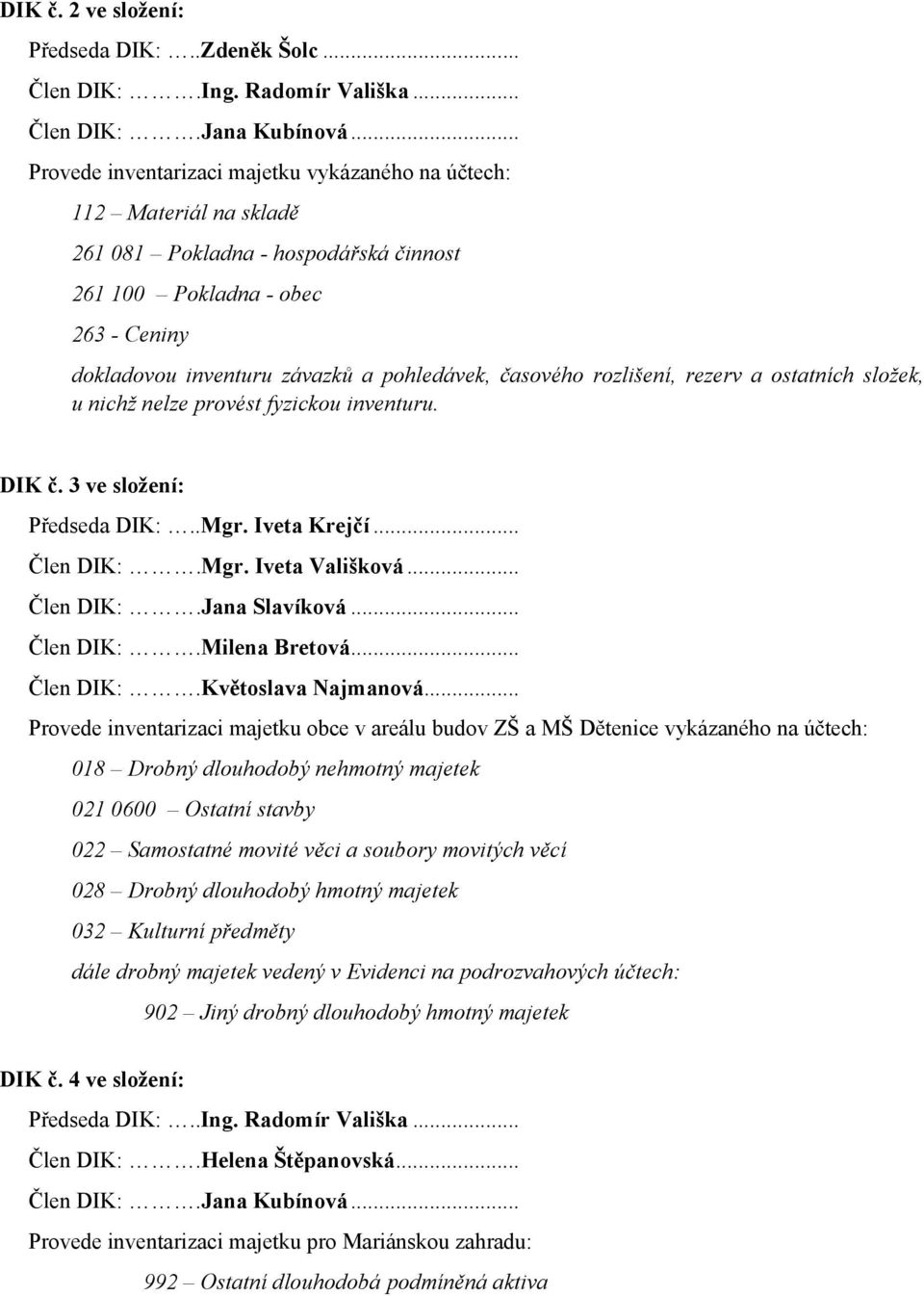 časového rozlišení, rezerv a ostatních složek, u nichž nelze provést fyzickou inventuru. DIK č. 3 ve složení: Předseda DIK:..Mgr. Iveta Krejčí... Člen DIK:.Mgr. Iveta Vališková... Člen DIK:.Jana Slavíková.