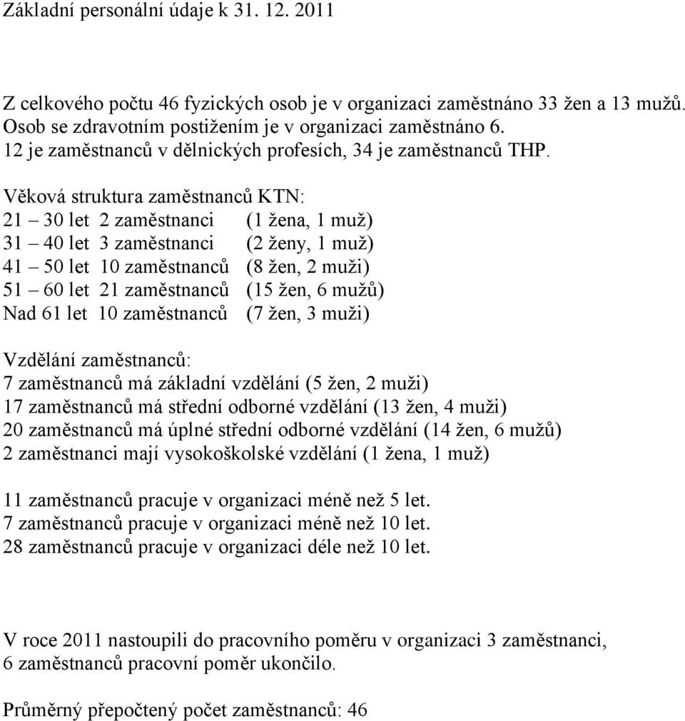 Věková struktura zaměstnanců KTN: 21 30 let 2 zaměstnanci (1 žena, 1 muž) 31 40 let 3 zaměstnanci (2 ženy, 1 muž) 41 50 let 10 zaměstnanců (8 žen, 2 muži) 51 60 let 21 zaměstnanců (15 žen, 6 mužů)