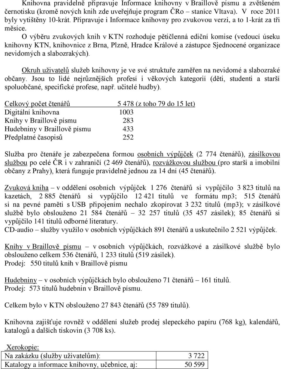 O výběru zvukových knih v KTN rozhoduje pětičlenná ediční komise (vedoucí úseku knihovny KTN, knihovnice z Brna, Plzně, Hradce Králové a zástupce Sjednocené organizace nevidomých a slabozrakých).