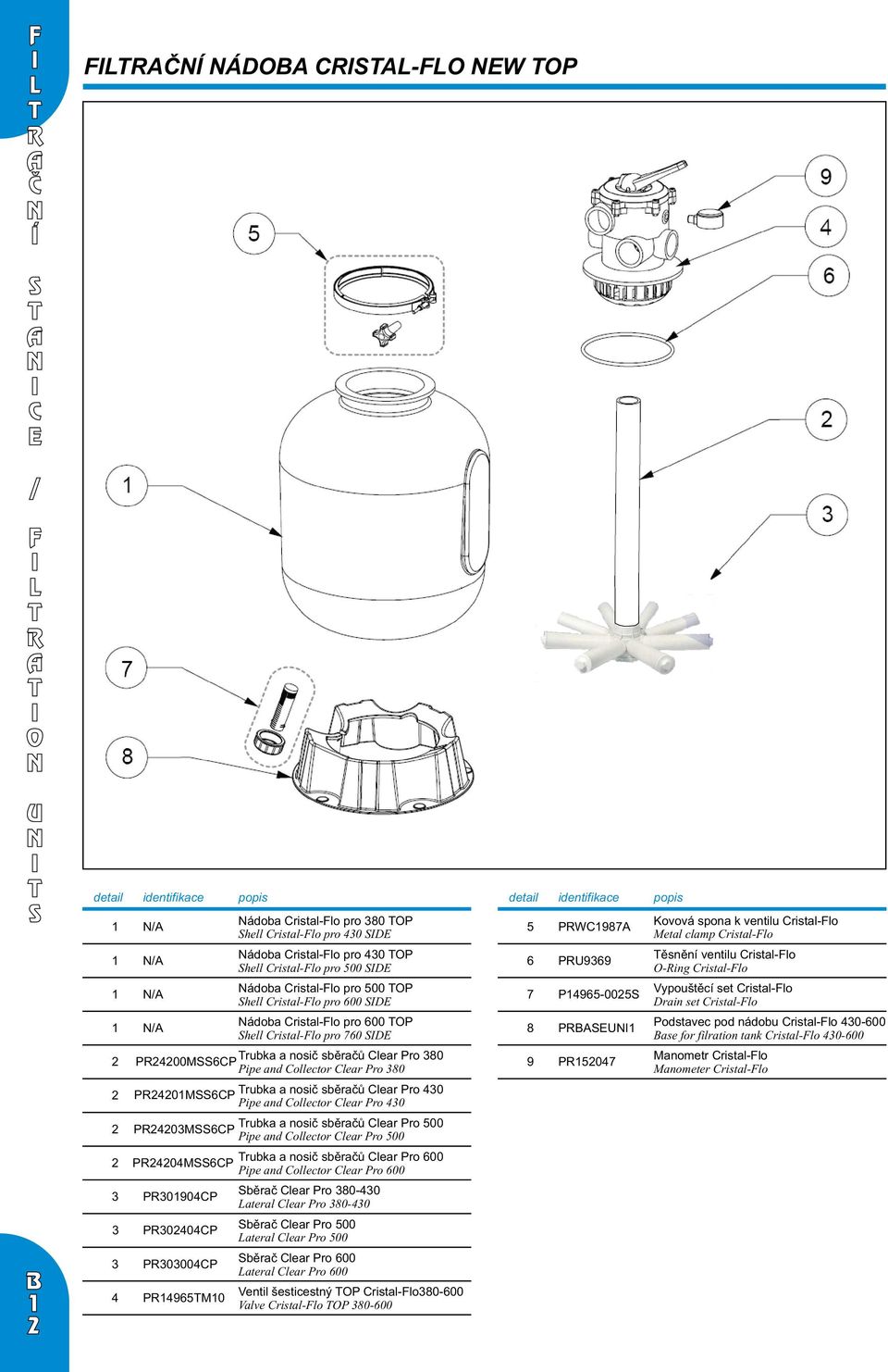 for filration tank ristal-lo 0-00 rubka a nosič sběračů lear Pro 0 Pipe and ollector lear Pro 0 P0 Manometr ristal-lo Manometer ristal-lo P00MP P0MP rubka a nosič sběračů lear Pro 0 Pipe and ollector