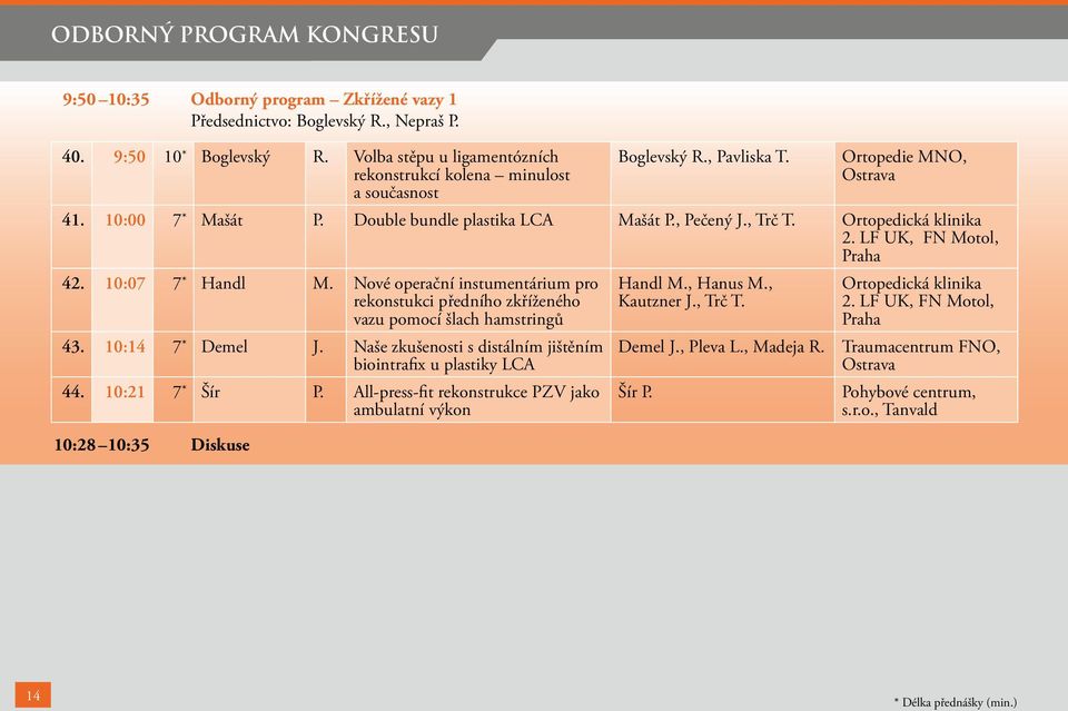 Ortopedická klinika 2. LF UK, FN Motol, Praha 42. 10:07 7 * Handl M. Nové operační instumentárium pro rekonstukci předního zkříženého vazu pomocí šlach hamstringů 43. 10:14 7 * Demel J.