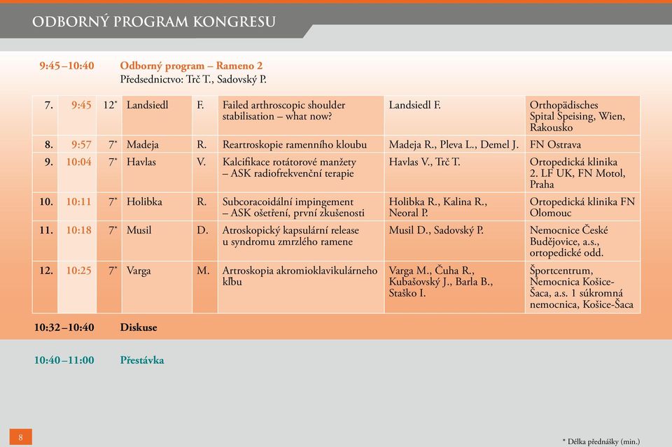 Ortopedická klinika 2. LF UK, FN Motol, Praha 10. 10:11 7 * Holibka R. Subcoracoidální impingement ASK ošetření, první zkušenosti 11. 10:18 7 * Musil D.