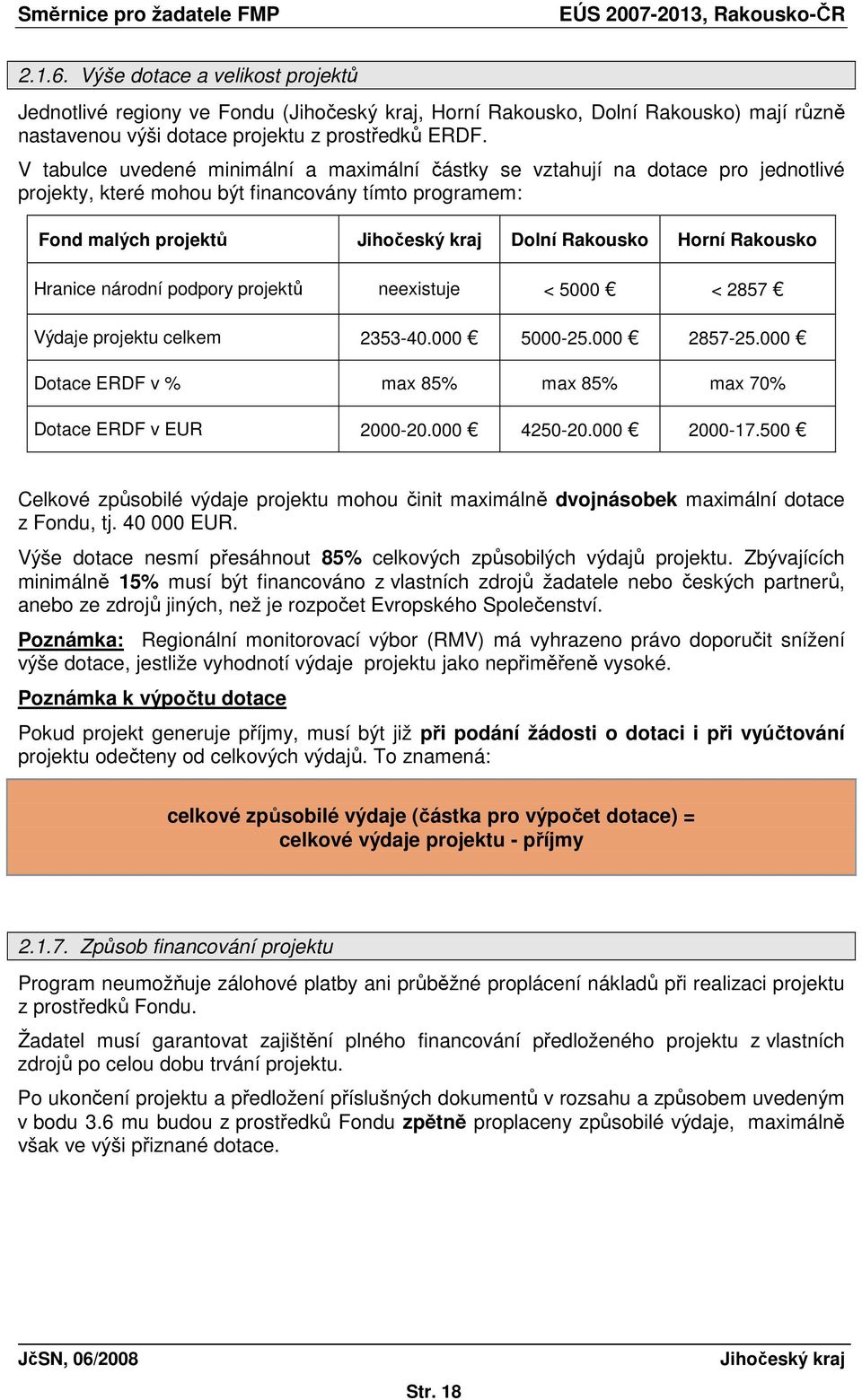 národní podpory projektů neexistuje < 5000 < 2857 Výdaje projektu celkem 2353-40.000 5000-25.000 2857-25.000 Dotace ERDF v % max 85% max 85% max 70% Dotace ERDF v EUR 2000-20.000 4250-20.000 2000-17.