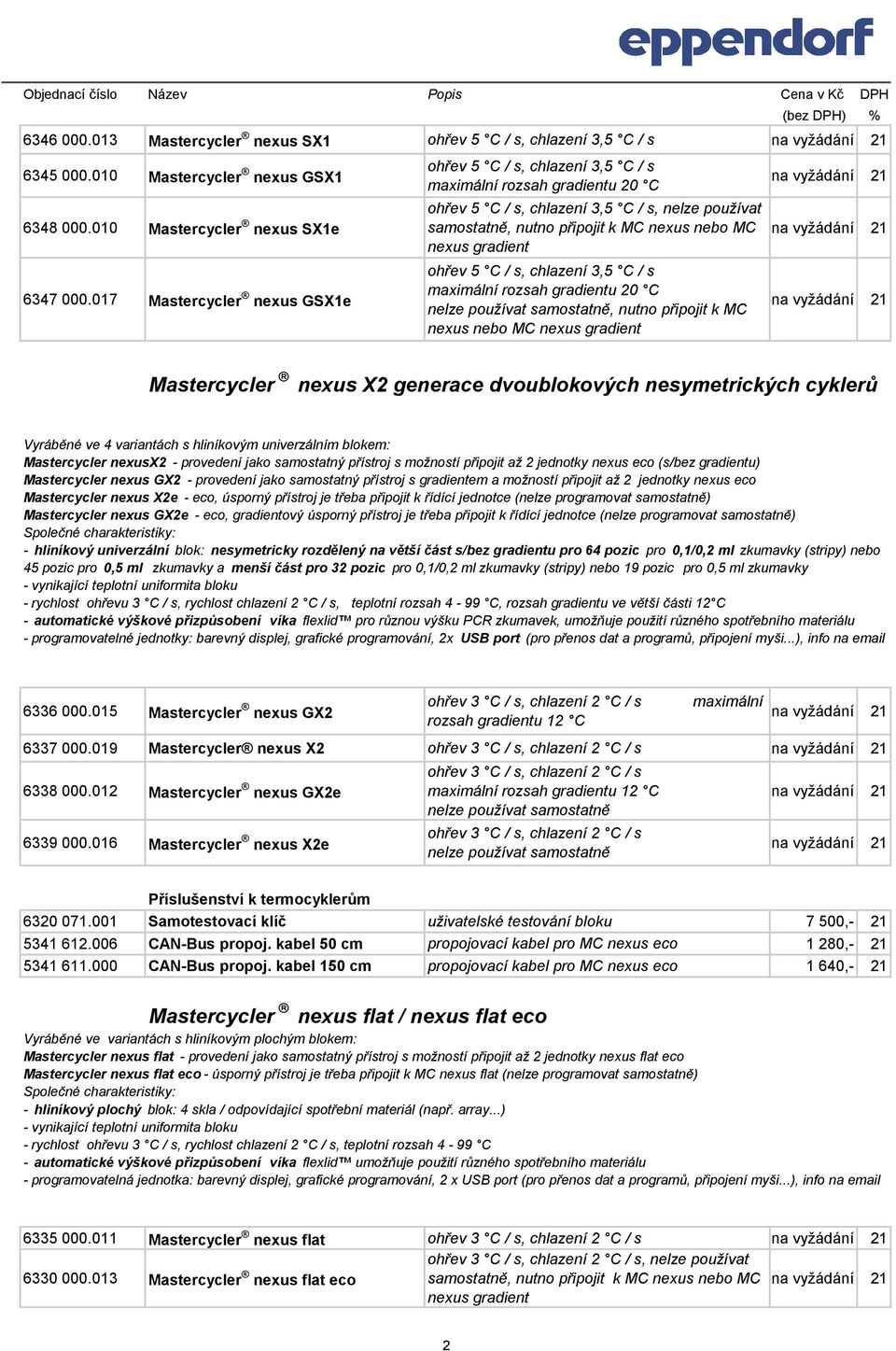 gradient ohřev 5 C / s, chlazení 3,5 C / s maximální rozsah gradientu 20 C nelze používat samostatně, nutno připojit k MC nexus nebo MC nexus gradient Mastercycler nexus X2 generace dvoublokových