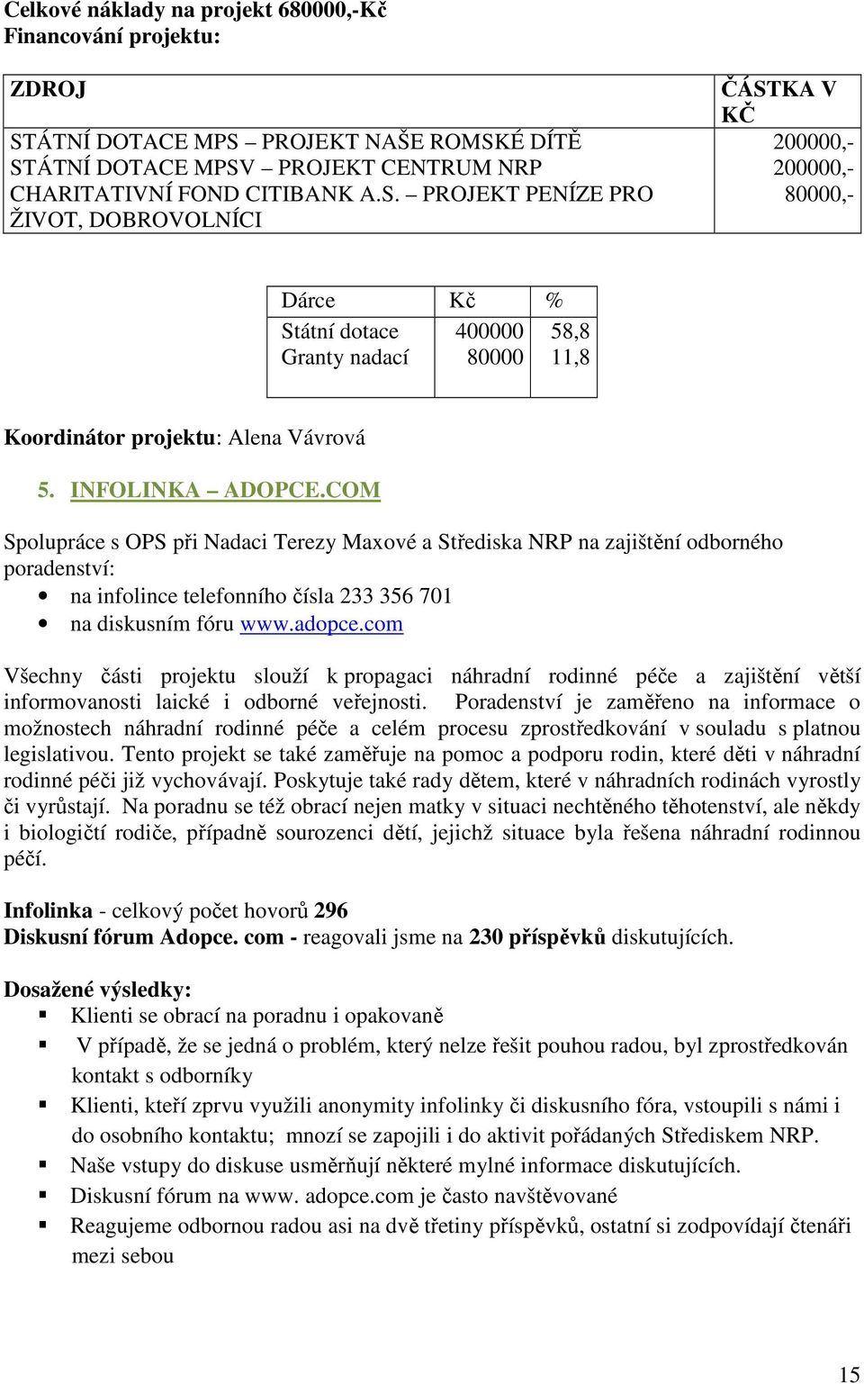 INFOLINKA ADOPCE.COM Spolupráce s OPS při Nadaci Terezy Maxové a Střediska NRP na zajištění odborného poradenství: na infolince telefonního čísla 233 356 701 na diskusním fóru www.adopce.